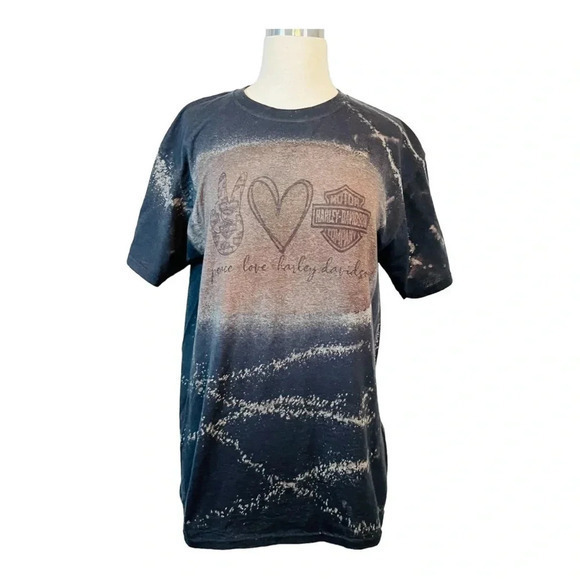 PEACE LOVE HARLEY DAVIDSON TEE T-SHIRT BLEACHED TIE DYE DESIGN WOMEN SIZE MEDIUM - Picture 1 of 6